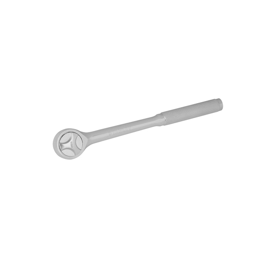 STANLEY 4-86-715 chrome ratchet wrench with knurled handle, photography, side angle on white background.