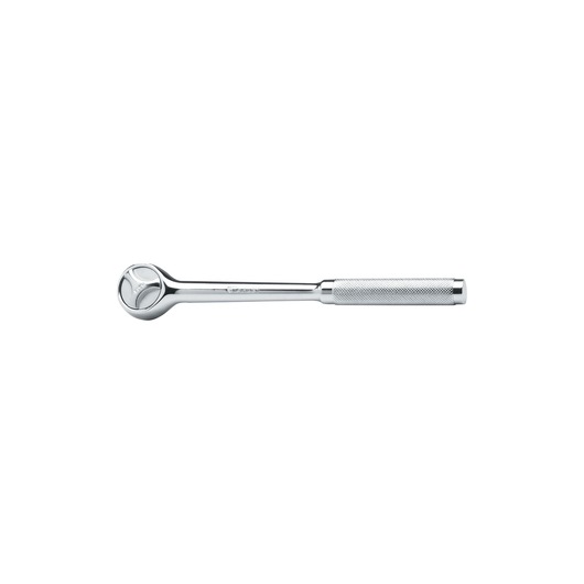 STANLEY 4-86-715 chrome ratchet wrench, hand tool, side angle on white background.