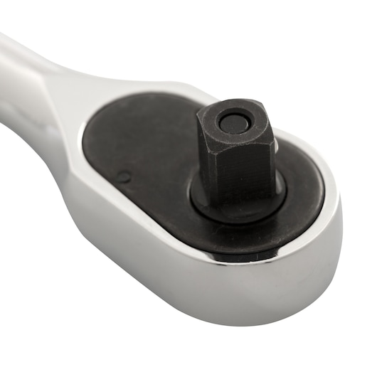 STANLEY 4-87-930 ratchet wrench head close-up, chrome finish, photography on white background.