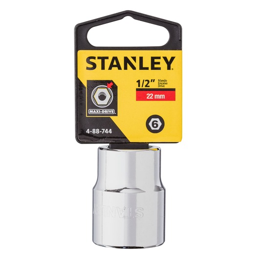 STANLEY 4-88-744 chrome 22 mm socket, 1/2 inch drive, product front on white background.