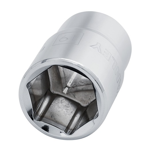 STANLEY 4-88-745 chrome socket, hexagonal 19mm, tool accessory, close-up angle on white background.