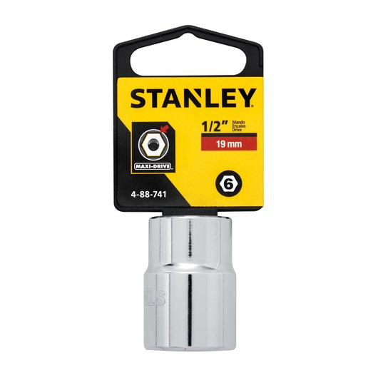 STANLEY 4-88-741 chrome socket, 19 mm, 1/2 inch drive, photography, front angle on white background.