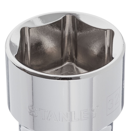 STANLEY 4-88-753 chrome socket, close-up angle on white background, showing six-point interior design.