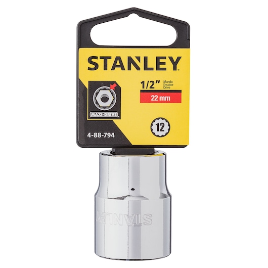 STANLEY 4-88-794 chrome 22 mm 1/2 inch drive socket, product photo on white background, photography category.