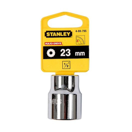 STANLEY 4-88-795 23mm socket, chrome finish, front angle on white background, hand tool accessory.