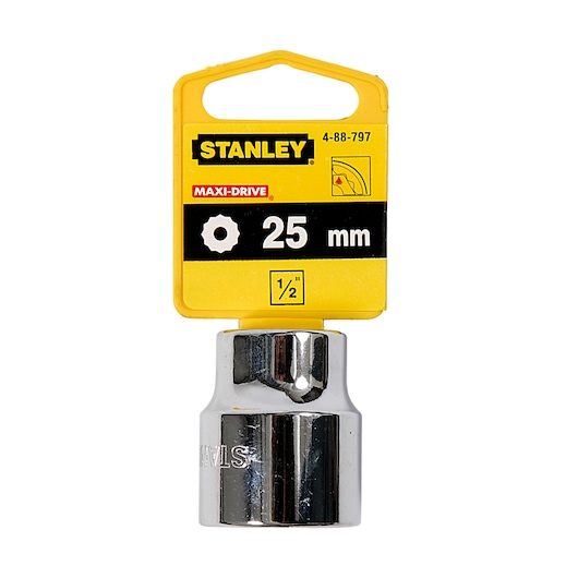 STANLEY 4-88-797 chrome 25mm socket tool, front angle, yellow packaging, Maxi-Drive series.