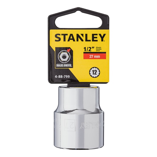 STANLEY 4-88-799 27 mm chrome socket, 1/2 inch drive, product front view on white background.