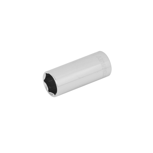 STANLEY 4-88-825 chrome finish socket, six-point, cylindrical tool, side angle on white background.