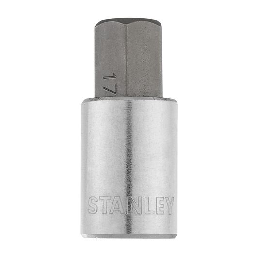 STANLEY 4-89-193 hex bit socket, silver and gray, photography of front view on white background.
