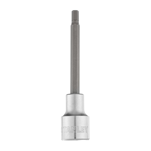 STANLEY 4-89-200 hex bit socket, silver and gray, vertical front angle, photography product category.