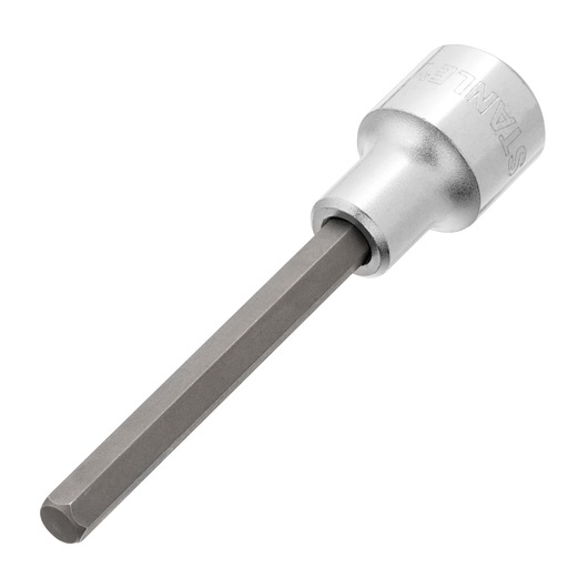 Photo of a STANLEY 4-89-202 hex bit socket with silver metallic finish, angled on white background.