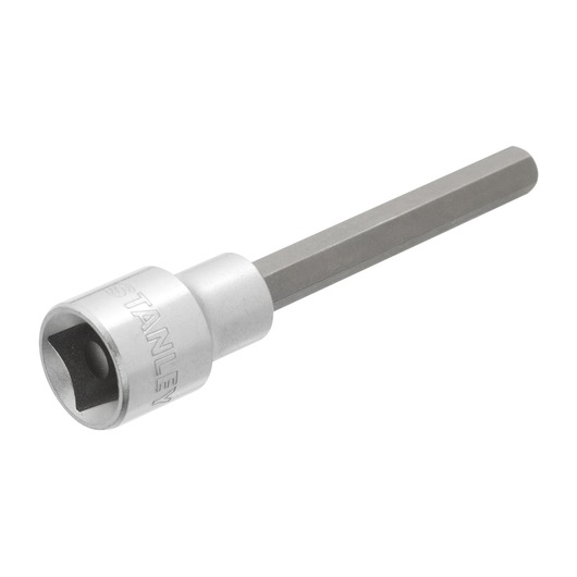 STANLEY 4-89-203 hex bit socket, silver hand tool on white background, side angle.
