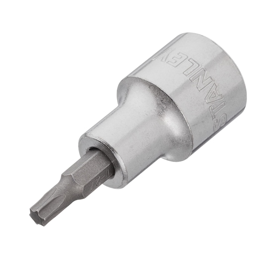 STANLEY 4-89-217 chrome Torx socket bit, close-up angled on white background, hand tool accessory.