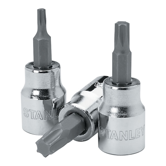 1/2" Drive - T-45 Bit Socket, model: 4-89-230, STANLEY, white background, 3 sockets front view.