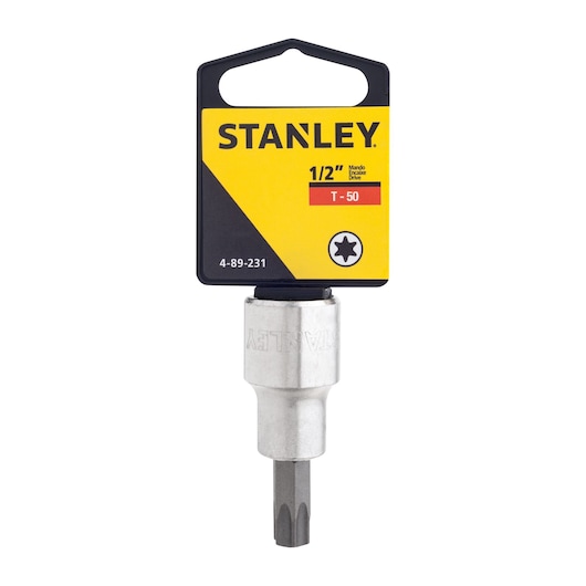Stanley 4-89-231 Torx bit socket T-50, 1/2 inch drive, front angle, with yellow and black label.