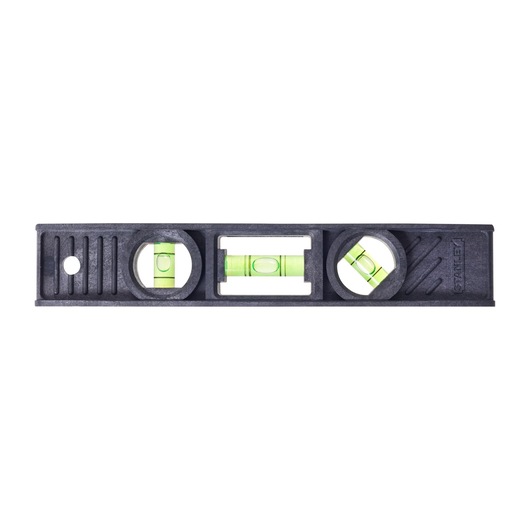 STANLEY 42-291 black plastic spirit level with three green vials, front view on white background.