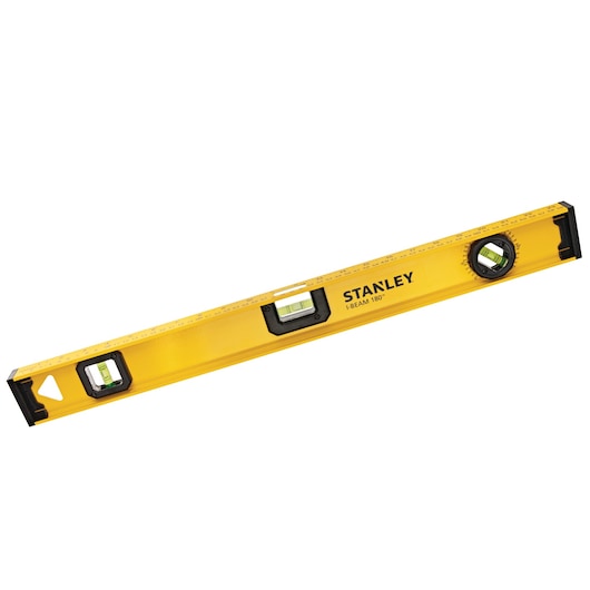 STANLEY 42-324 yellow I-beam level with three bubble vials, side angle photo on white background.