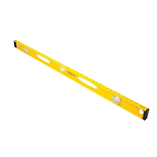 Stanley 42-324 yellow box level with ruler markings, three vials, angled on white background.