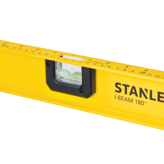 STANLEY 42-324 yellow I-Beam 180 level with bubble vial, close-up on white background.