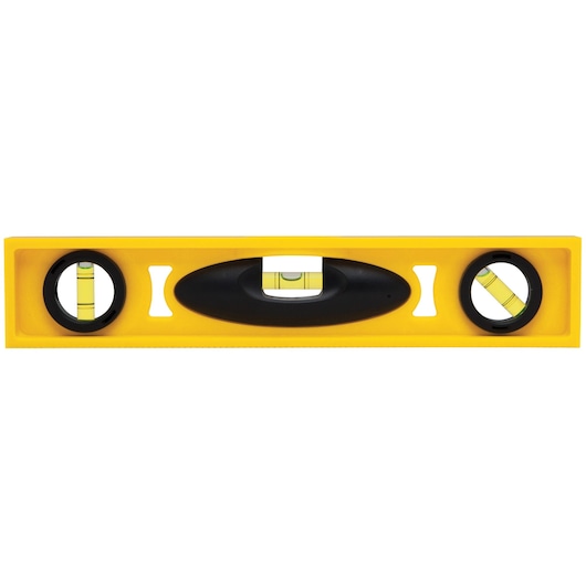 Stanley yellow torpedo level, front view on white background, with three bubble vials and black accents