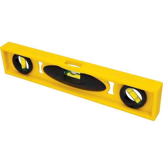 STANLEY 42-466 yellow plastic level tool with three bubble vials, angled product photo.