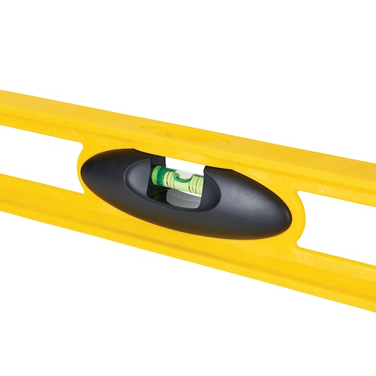 Stanley 42-468 yellow spirit level with central vial, front angle, photography on white background.