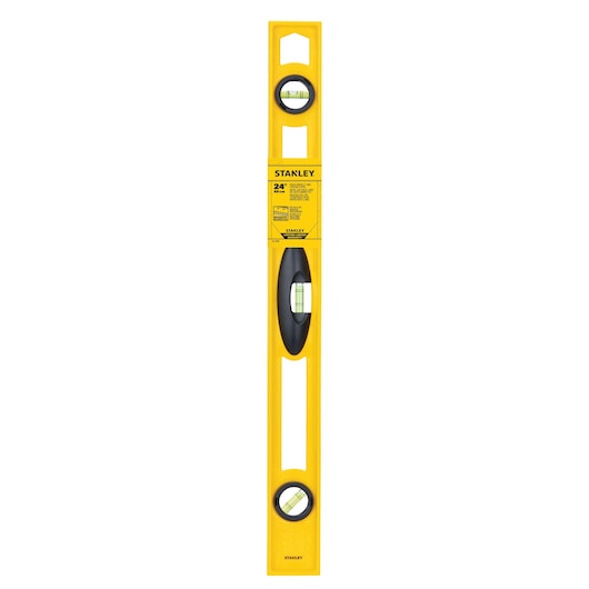 Stanley 42-468 yellow 24-inch box level with three bubble vials, front angle on white background.