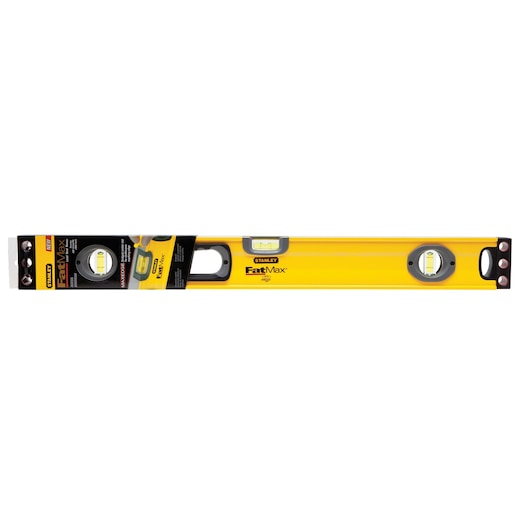 Stanley FatMax 43-524 yellow spirit level with three vials and hand grip, front angle on white background.