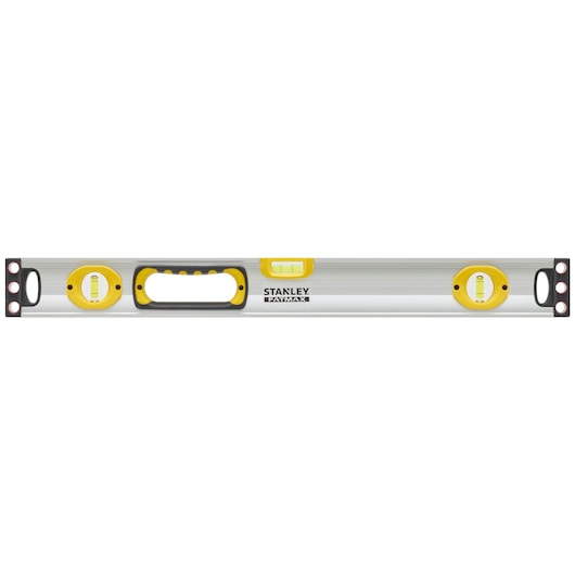 Stanley FATMAX spirit level front view, silver body with yellow and black accents, three vials, handle grip