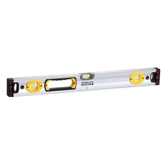 STANLEY 43-525 FATMAX spirit level with yellow vials and handle, side view on white background.
