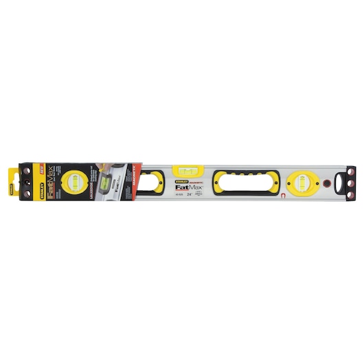 STANLEY 43-525 magnetic level, silver and yellow, 24 inch, front angle, FatMax series.