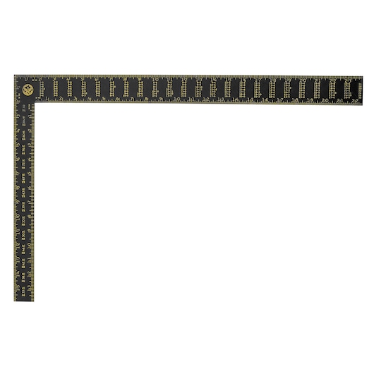 Stanley black steel carpenter square, angled top-down, with yellow measurement markings on white background