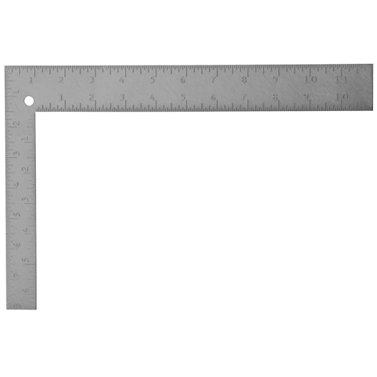 STANLEY steel carpenter square, L-shaped, top-down angle, visible etched measurements.