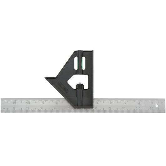 Stanley combination square with black handle, integrated level, and stainless steel ruler, side angle on white background.