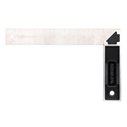 Stanley 46-534 photography of combination square with metal ruler and black handle, top view on white background.