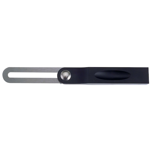 Stanley sliding T-bevel gauge with black handle and stainless steel blade, top view, on white background