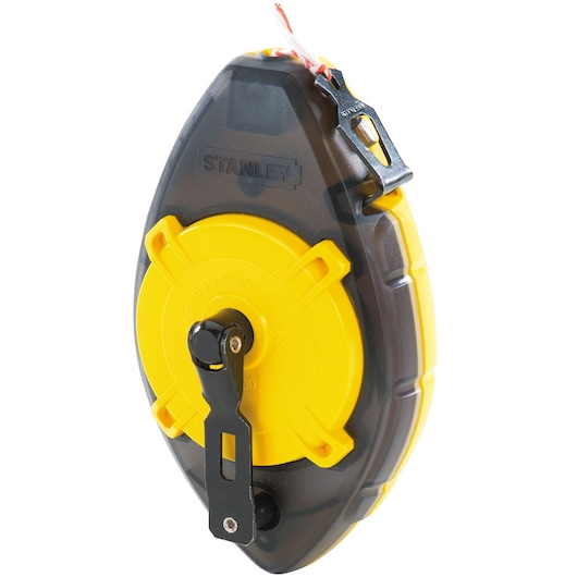 Stanley chalk line reel, yellow and black, angled front view on white background