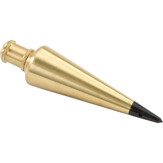 STANLEY 47-973 brass plumb bob, conical shape, side angle on white background, hand tool.