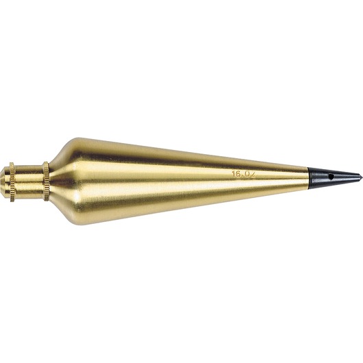 STANLEY 47-973 brass plumb bob with pointed tip, side view on white background, hand tool accessory.