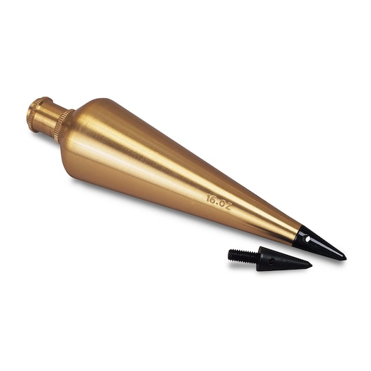 STANLEY 47-974 brass plumb bob with detachable steel tip, side angle, photography on white background.