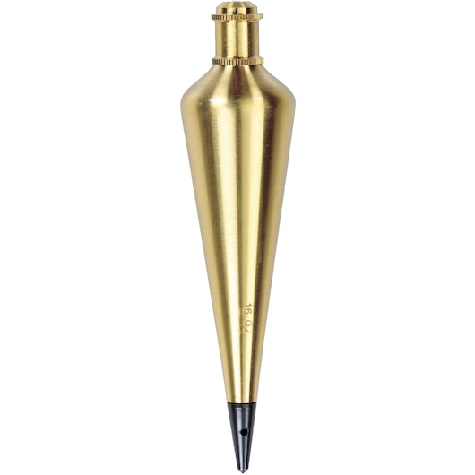 STANLEY 47-974 brass plumb bob, side view, conical shape with pointed tip, shown on white background.