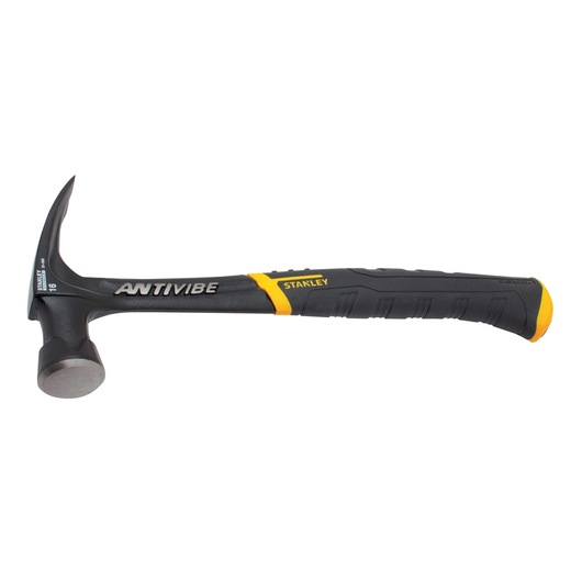 STANLEY 51-163 claw hammer, black and yellow, side angle, AntiVibe handle.