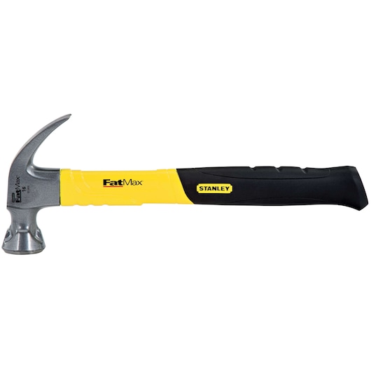 STANLEY 51-505 claw hammer with yellow and black handle, side view, FatMax branding, hand tool.