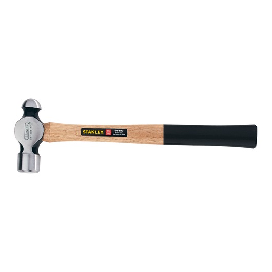 STANLEY 54-190 ball peen hammer with wood handle, metal head, and black grip, side view on white background.