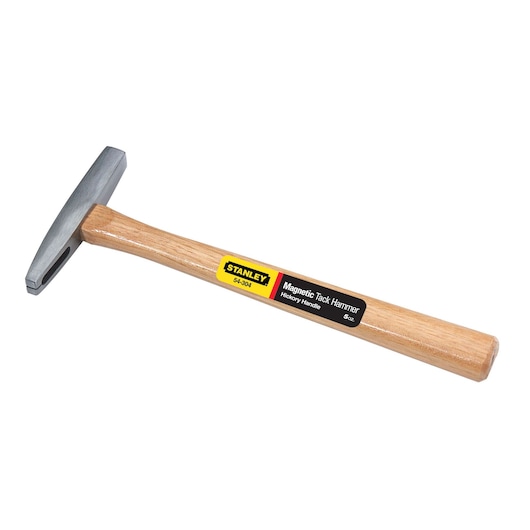STANLEY 54-304 magnetic tack hammer with hickory handle, side view, on white background.