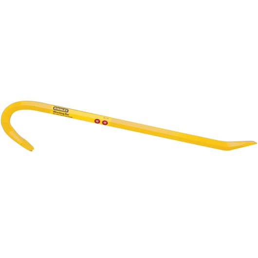STANLEY 55-118 wrecking bar, yellow steel tool with curved and flattened ends, side angle photo.
