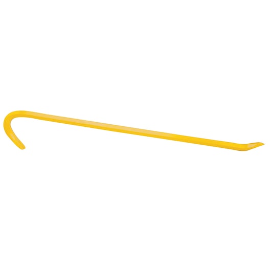 Stanley 55-130 yellow wrecking bar, curved and beveled ends, product side angle on white background.