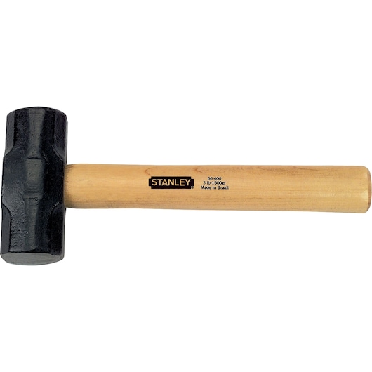 Photo of STANLEY 56-399 sledgehammer with black head and wooden handle, side view on white background.