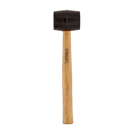 STANLEY 57-516 rubber mallet with black head and wooden handle, front view on white background.