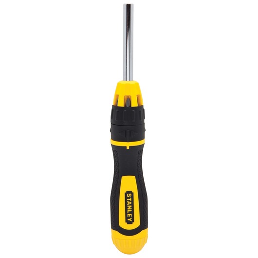 Stanley multi-bit screwdriver front view with yellow and black ergonomic handle on white background